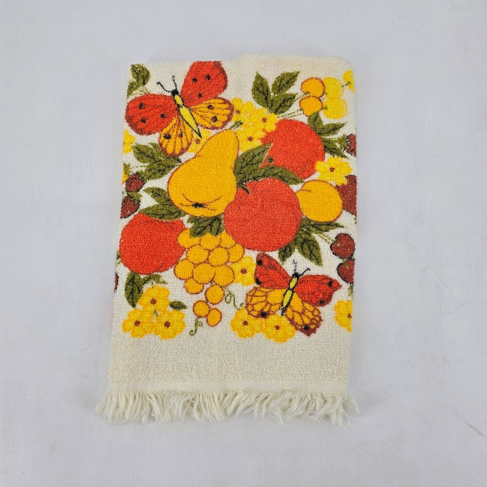 Vintage Fruit & Butterfly Hand Towel 70s Harvest Kitsch Floral Cottagecore Retro
